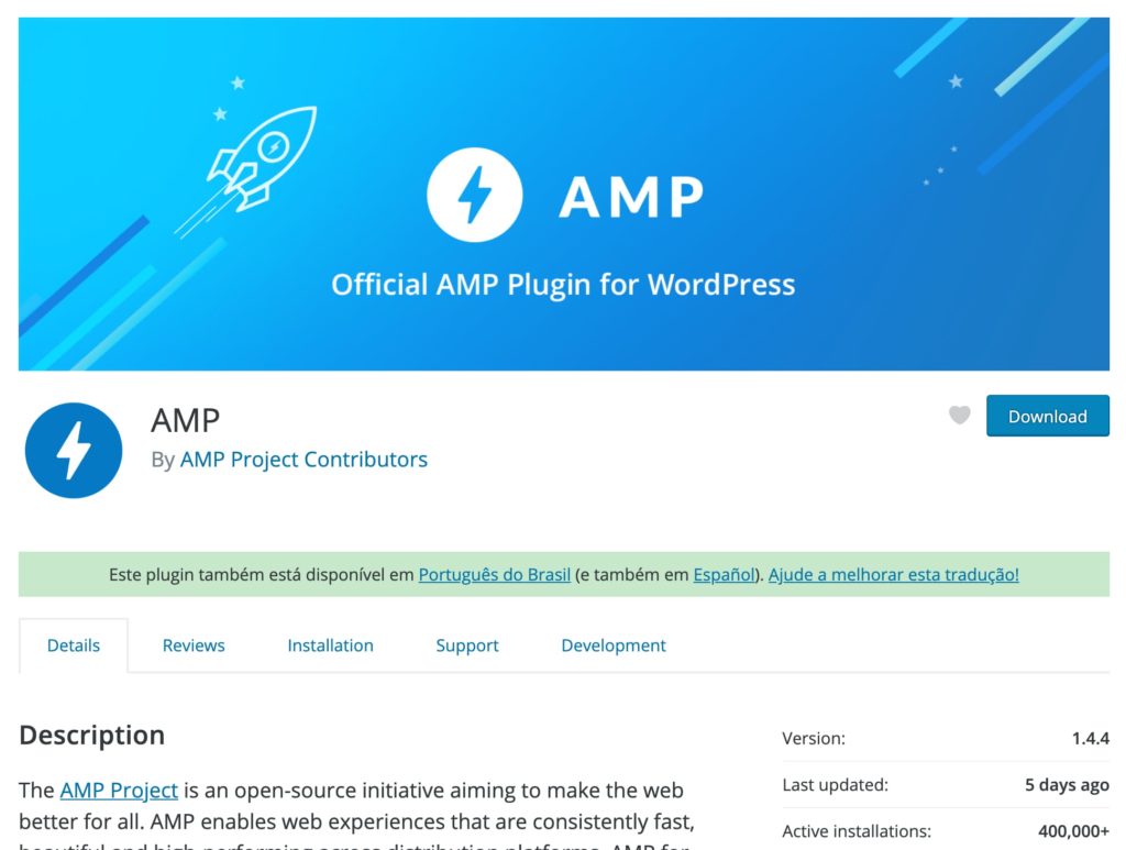 Página principal do plugin do AMP para WordPress