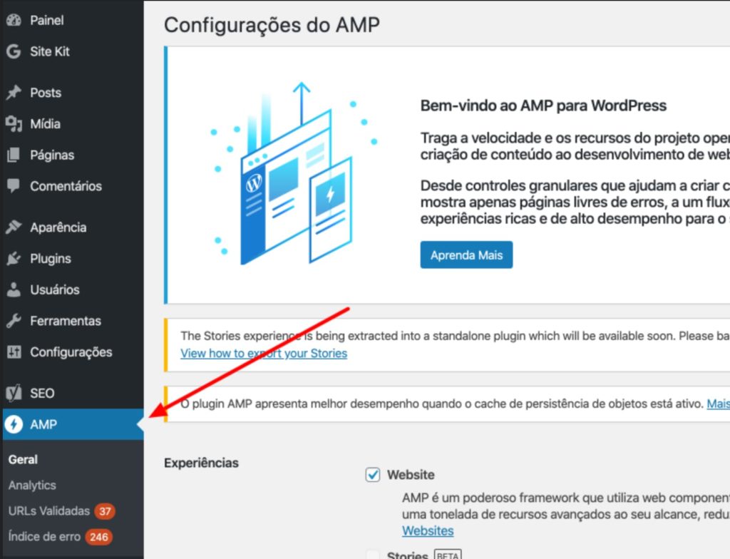 Tela de configurações do plugin de AMP para WordPress