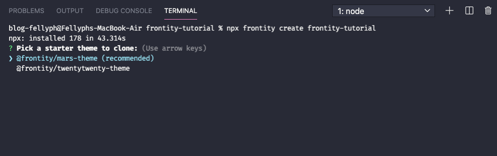 Terminal rodando o script para criar um projeto frontity