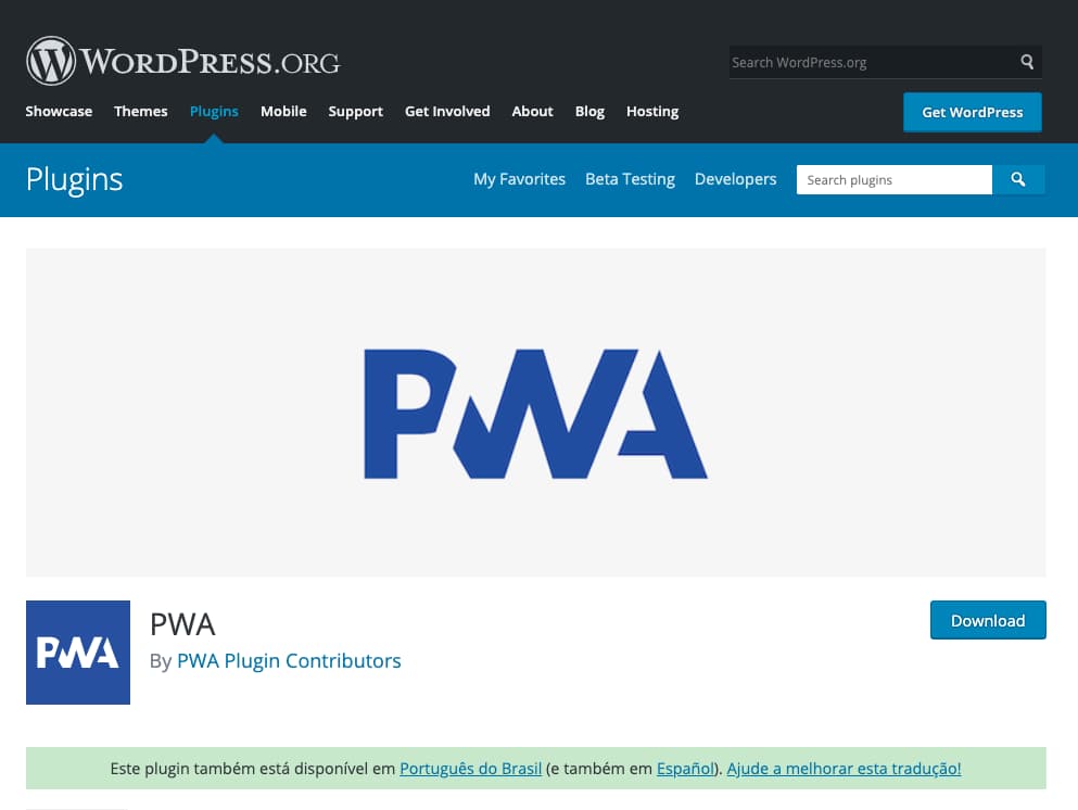 Página do plugin PWA para WordPress que iremos utilizar para criar um web app manifest