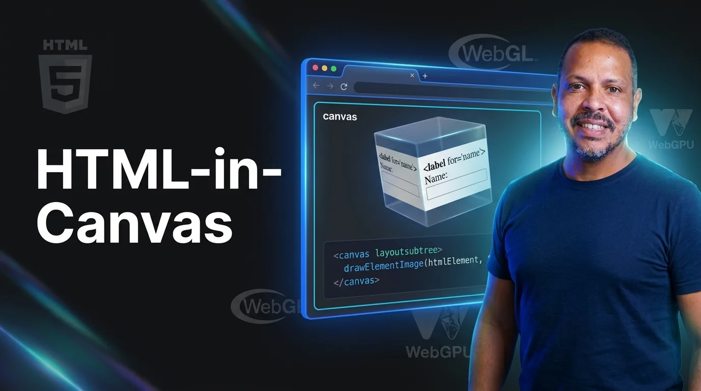 Thumbnail do post HTML-in-Canvas com formulário HTML renderizado como textura em um cubo 3D no canvas
